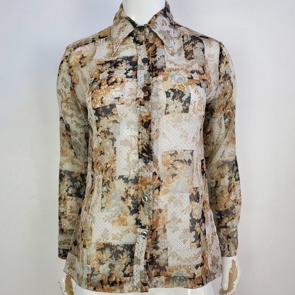 Vintage 70s Floral Semi-Sheer Button-Up - Picture 1 of 5